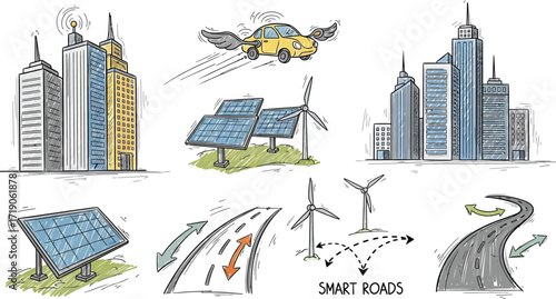 A sketch depicting a futuristic city with flying cars, wind turbines, and solar panels for renewable energy