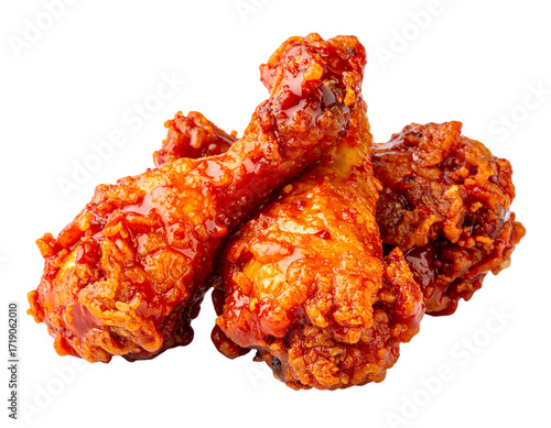  Realistic Pile of Spicy Korean Fried Chicken Drumsticks in Chili Sauce, Front View, isolated on transparent background.