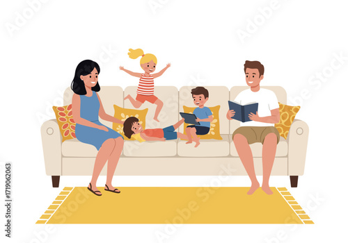 Family on sofa mom dad kids reading playing Yellow rug