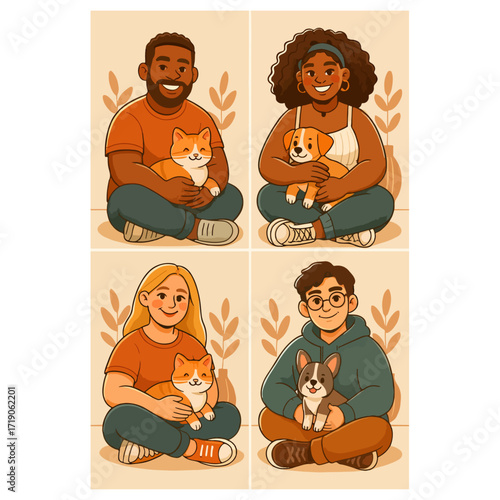 People with Pets Collage — Cats and Dogs Family Grid, Community Adoption/Rescue Set, Friendly Flat Illustration