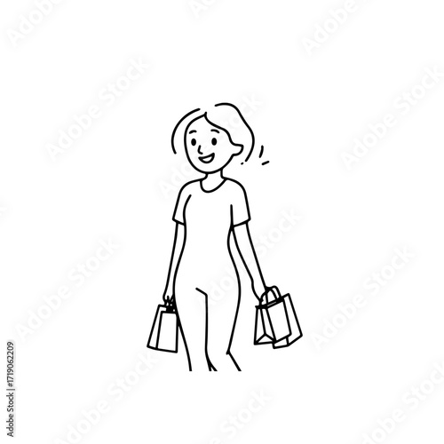 Black and white line art of a beautiful happy woman carrying shopping bags minimalist cheerful illustration