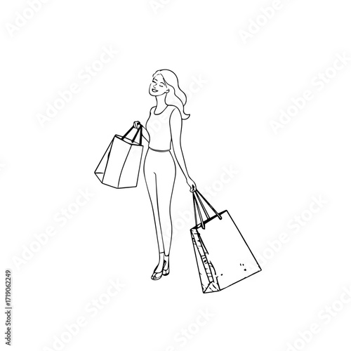 Black and white line art of a beautiful happy woman carrying shopping bags minimalist cheerful illustration
