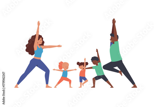 Family performs yoga woman man and three children in various poses