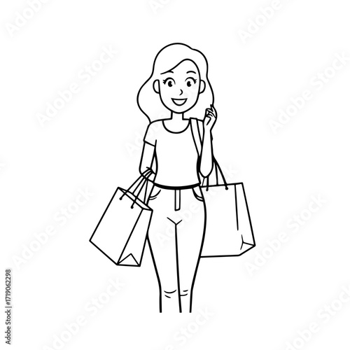 Black and white line art of a beautiful happy woman carrying shopping bags minimalist cheerful illustration