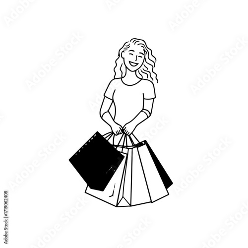 Black and white line art of a beautiful happy woman carrying shopping bags minimalist cheerful illustration