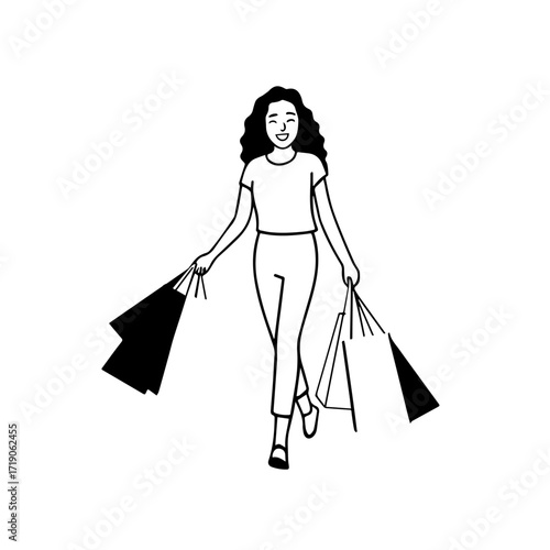 Black and white line art of a beautiful happy woman carrying shopping bags minimalist cheerful illustration