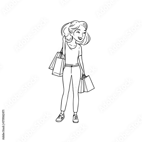 Black and white line art of a beautiful happy woman carrying shopping bags minimalist cheerful illustration