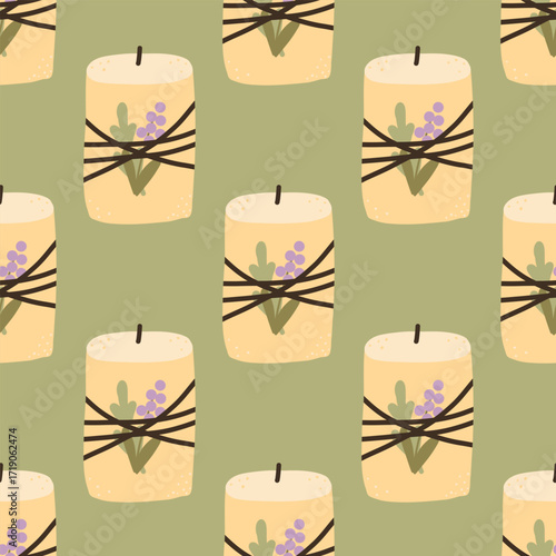 Candles seamless pattern. Decorative wax candles for relax and spa. Hand drawn Vector square seamless Pattern, wallpaper
