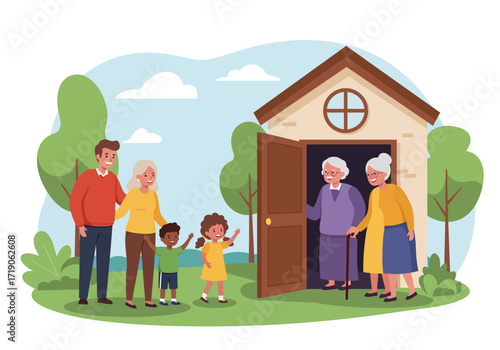 Family visit A group stands outside a house where two older women greet them