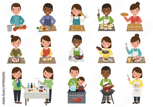 Fifteen cartoon people are cooking different foods at separate cooking stations