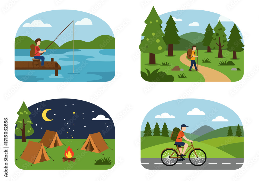 Obraz premium Four outdoor activities fishing hiking camping and cycling each in a distinct scene