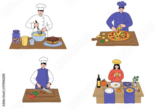 Four illustrations show chefs preparing food cake pizza vegetables and meal settings