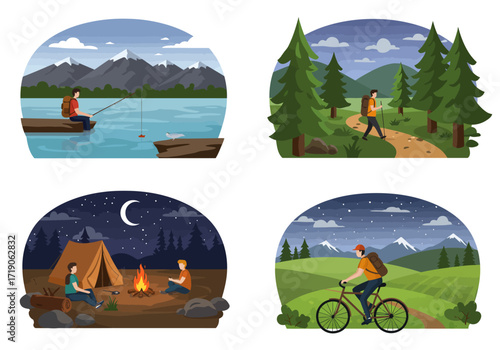 Four nature scenes fishing hiking camping by a tent and cycling at night