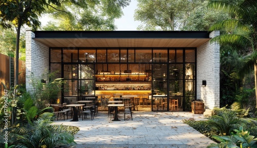 Charming outdoor bar experience tropical garden photography serene atmosphere wide angle relaxation