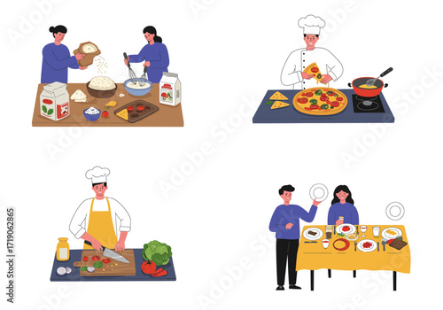 Four panels show pizzamaking prep cooking chopping and dining