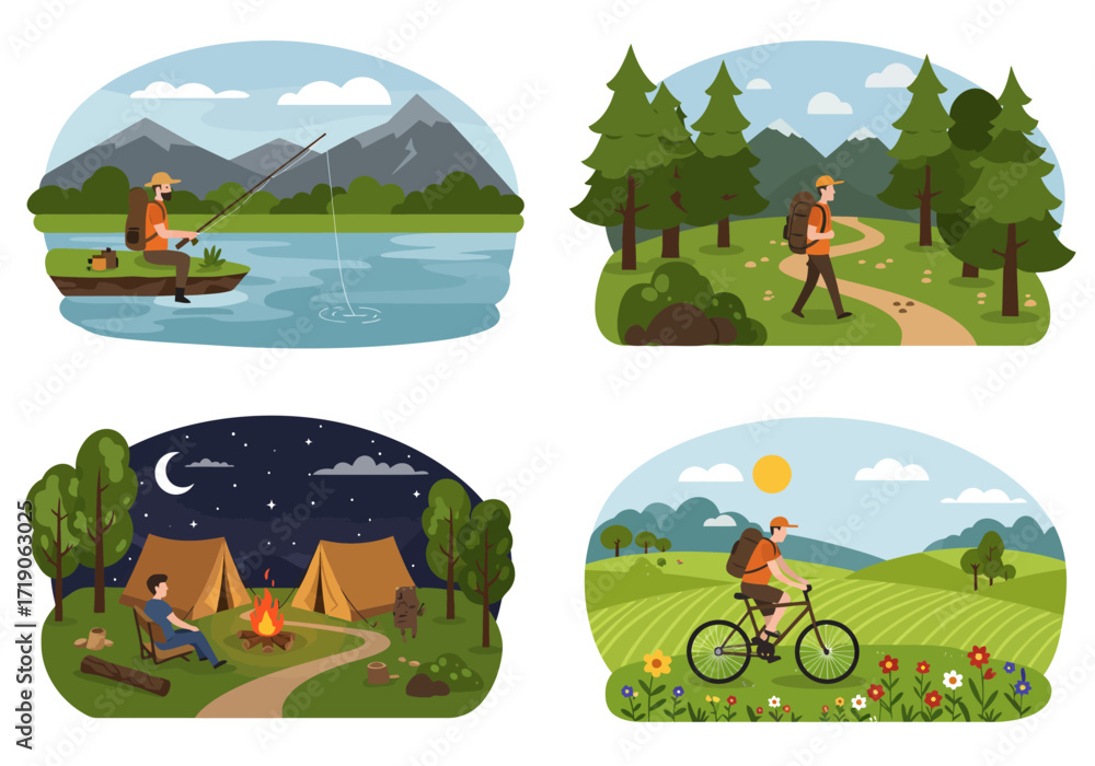 Fototapeta premium Four scenes depict outdoor activities fishing hiking camping and biking