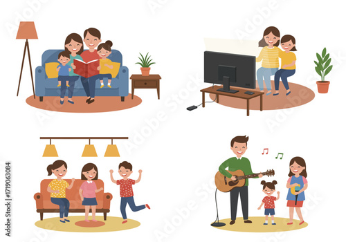 Four scenes show family members engaged in different activities in various indoor settings