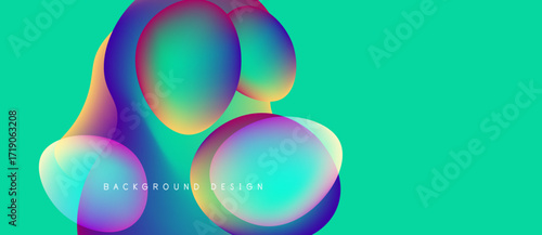 Abstract vibrant shapes overlap, creating colorful gradients. Turquoise background complements design elements. Modern aesthetic.