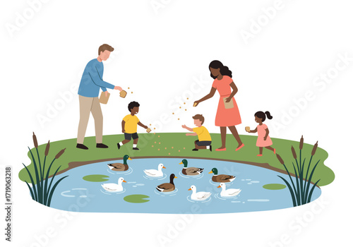 Group feeding ducks at a pond adults  kids scattering food for ducks