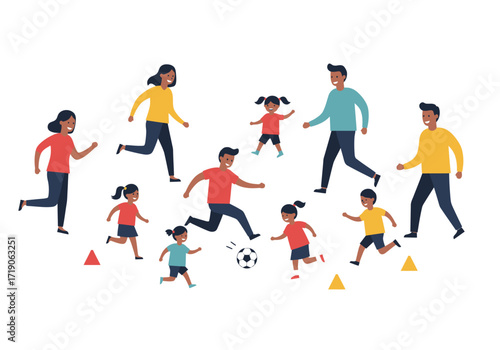 Group of adults and children playing soccer in an open area with colorful cones