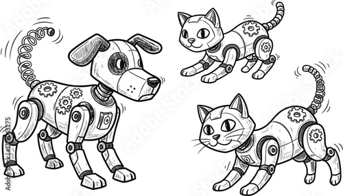 Illustration of a robotic dog and two robotic cats with gears and spring tails on a white background