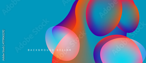 Abstract fluid shapes overlap, vibrant colors blend. Blue background complements orange, purple gradients. Modern design element.