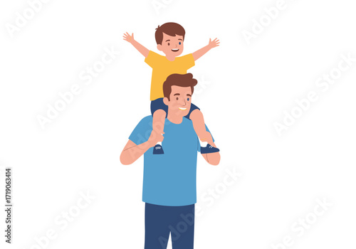 Man with son on shoulders both smiling against a white background