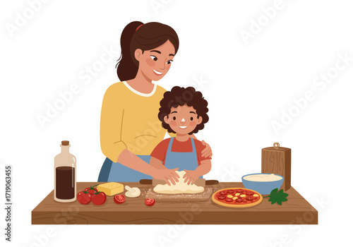 Mother and child making pizza dough on the counter with ingredients pizza bottle of oil and a bowl