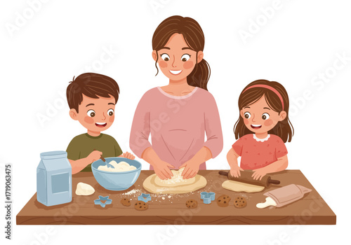 Mom and two kids are baking cookies together at a wooden table using flour dough and cookie cutters