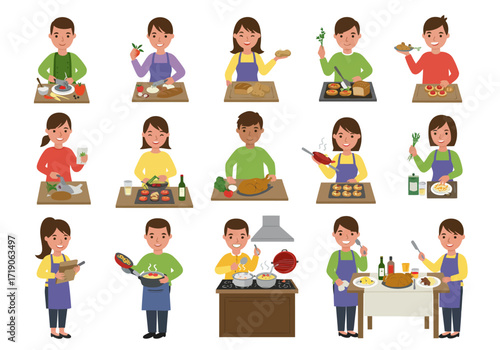 Multiple cartoon characters cooking  preparing food presented in rows