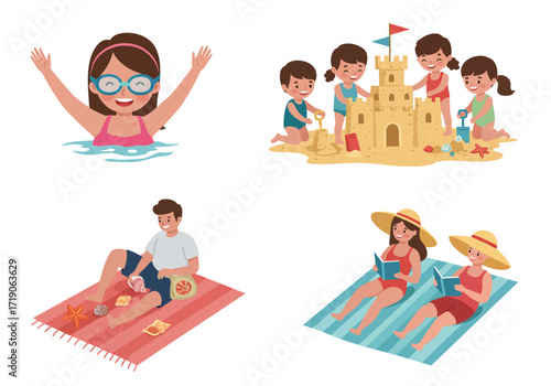 People enjoy beach activities swimming sandcastle building sunbathing