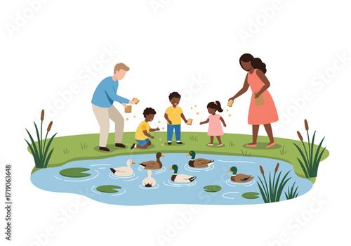 People feeding ducks at a pond with greenery