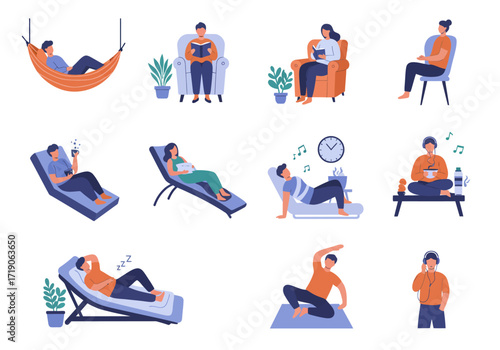 People relaxing reading doing yoga or listening to music in various relaxing poses