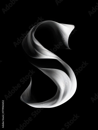 A stylized, flowing, grayscale letter 'S' is set against a black background. The design resembles a ribbon or smoke, creating a sense of movement and elegance
