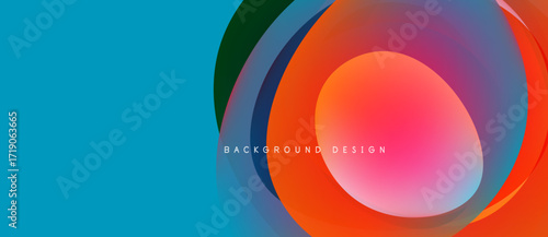 Abstract colorful layers create dynamic composition. Bright hues blend, forming circular shapes, modern design element.
