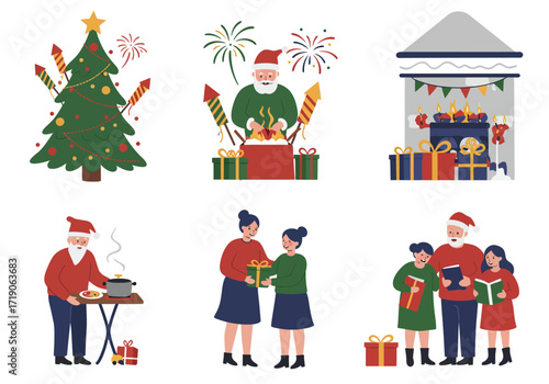 Six Christmas vignettes tree cooking Santa gifts carolers fireplace fireworks