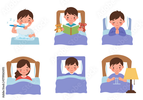 Six illustrations show kids bedtime routines like brushing teeth reading praying sleeping and playing