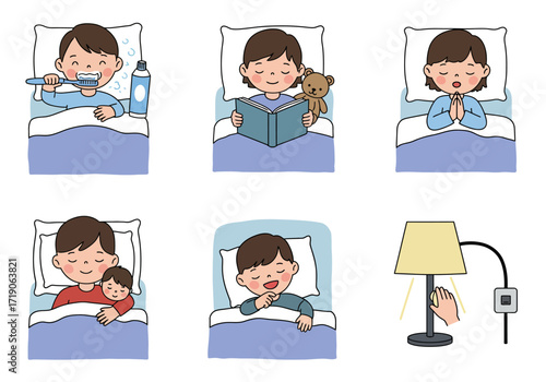 The image depicts a childs bedtime routine with brushing teeth reading praying cuddling sleeping and turning off the light