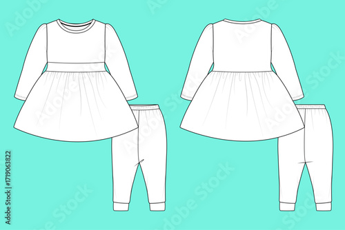 Kid Girls Crew Neck Long Sleeve Dress and Leggings Winter Set Flat Sketch Vector Template.