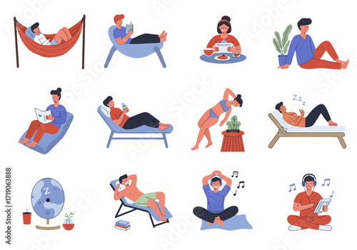 Twelve illustrations of people relaxing on vacation reading sunbathing and listening to music