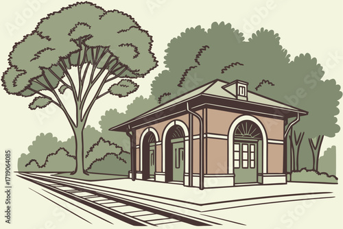 Atlanta Peachtree Station in Georgia, modest brick station with arched entrance surrounded by trees