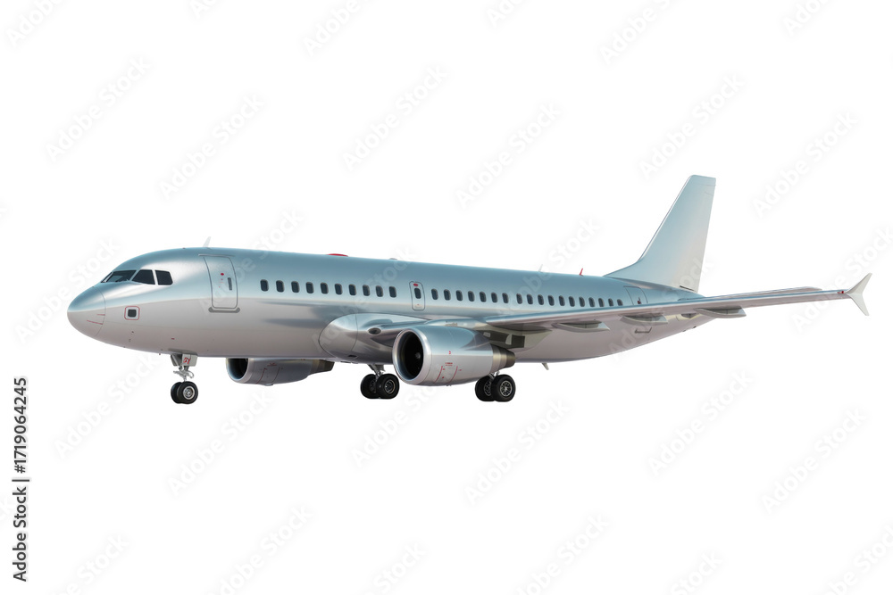 Obraz premium Silver passenger airplane isolated on transparent background, ready for takeoff or landing. background removed