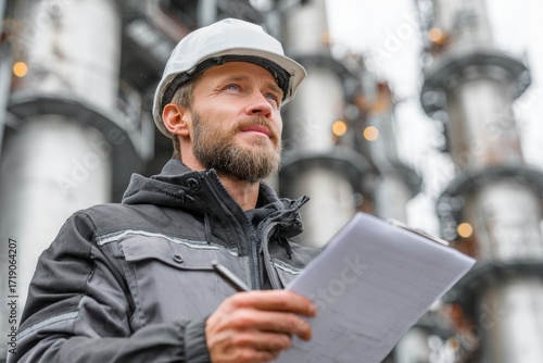 Industrial engineer inspecting manufacturing facility, holding clipboard and pen