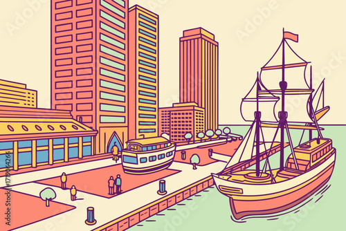 Baltimore Inner Harbor in Maryland, colorful waterfront with ships, museums, and tall city skyline