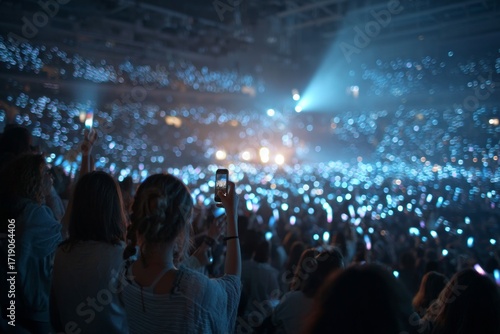Crowd attending a music performance, holding up phones with glowing lights