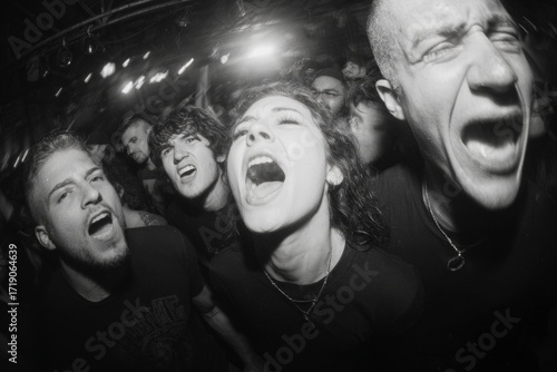 Music fans expressing excitement and energy during a live performance in black and white