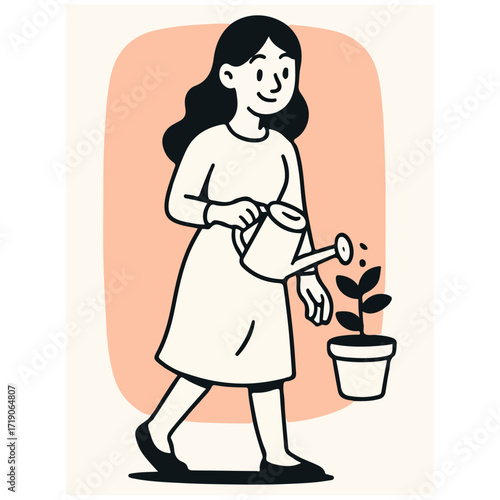 Woman Watering Potted Plant — Home Gardening & Plant Care Routine, Minimal Flat Character Illustration