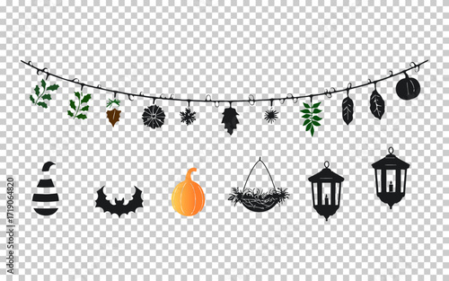 Decorative autumn elements featuring leaves, lanterns, and pumpkins for seasonal celebration