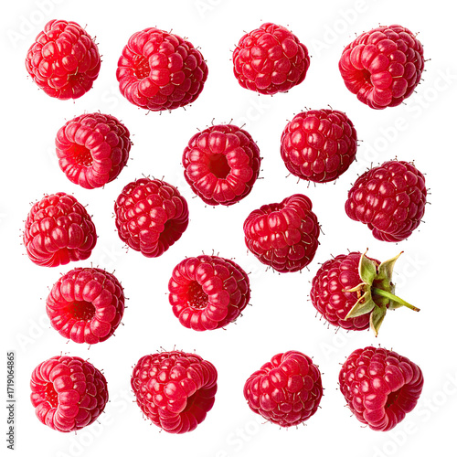 Fresh raspberries, close-up, arranged in grid pattern