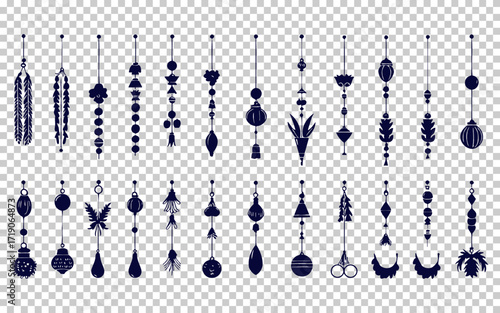Decorative hanging ornaments featuring various shapes and designs in dark color on a transparent background